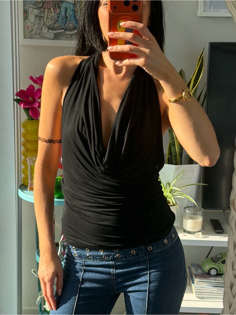 Black Draped Halter Cowl Neck Camisole - Women's Evening Top